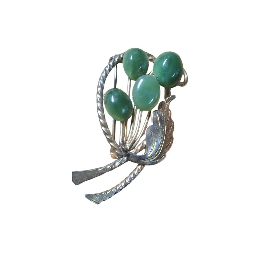 Vintage Green Jadeite Jade Cabochon Sterling Silver Floral Brooch Pin